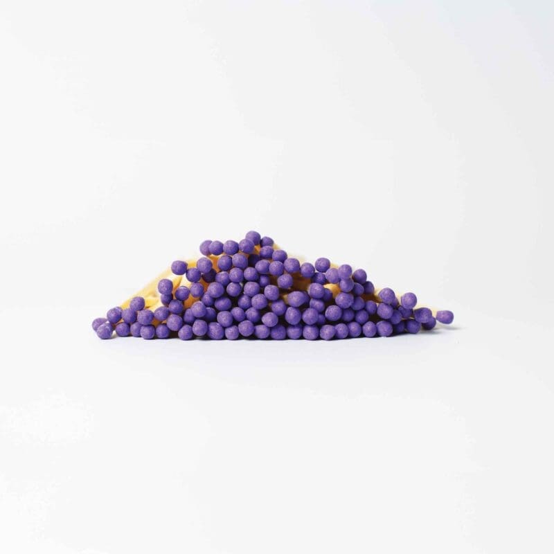 Elegant purple head wooden matches in a glass jar, stylish 4.8 cm match set for candles and fireplace, vibrant purple matches as a decorative gift