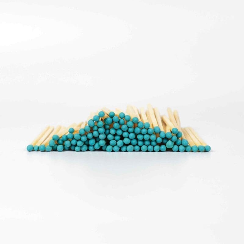 4.8 cm Teal Head Wooden Matches Elegant teal head wooden matches in a glass jar, stylish 4.8 cm match set for candles and fireplace, modern teal matches as a decorative gift.
