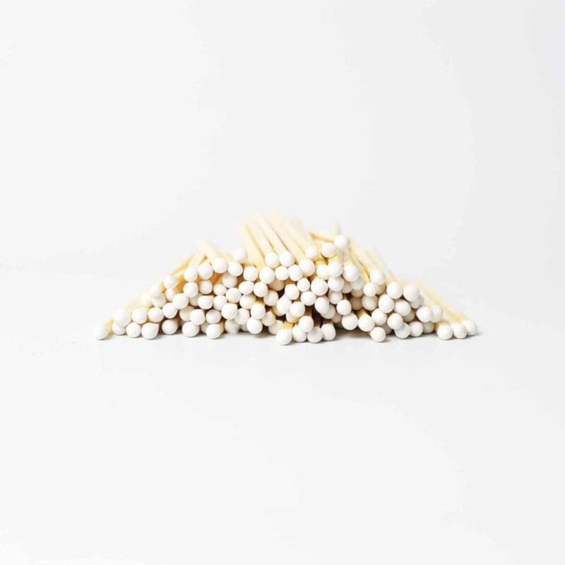Elegant white head wooden matches in a glass jar, stylish 4.8 cm match set for candles and fireplace, minimalist white matches as a decorative gift.