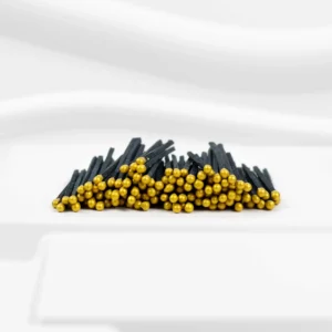Stylish 7.5 cm wooden matches with black and gold heads, longer matches for candles, fireplaces, and fire pits as a decorative accessory or gift.
